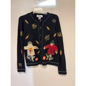 Vintage Halloween All Points Fall Scarecrow Leaves Cardigan Sweater